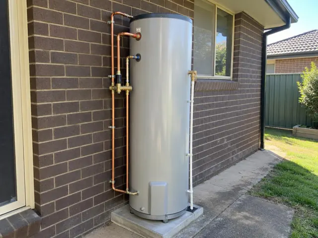 Outdoor hot water cylinder on a concrete pad beside a brick wall and window in Old Toongabbie